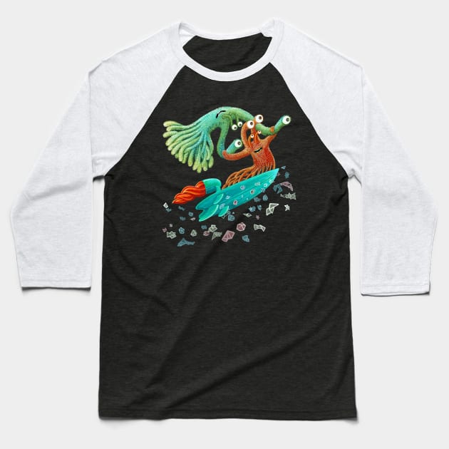 Surfing Monsters Baseball T-Shirt by ruta13art